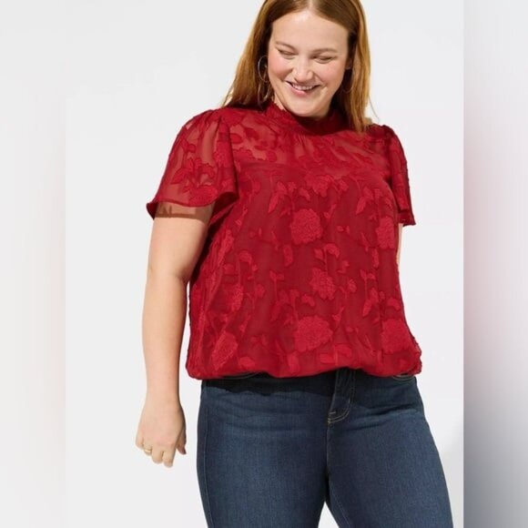 Torrid Sweaters - NWT Torrid Red Chiffon Clip Floral Bubble Hem Flutter Sleeve Blouse Size 2X